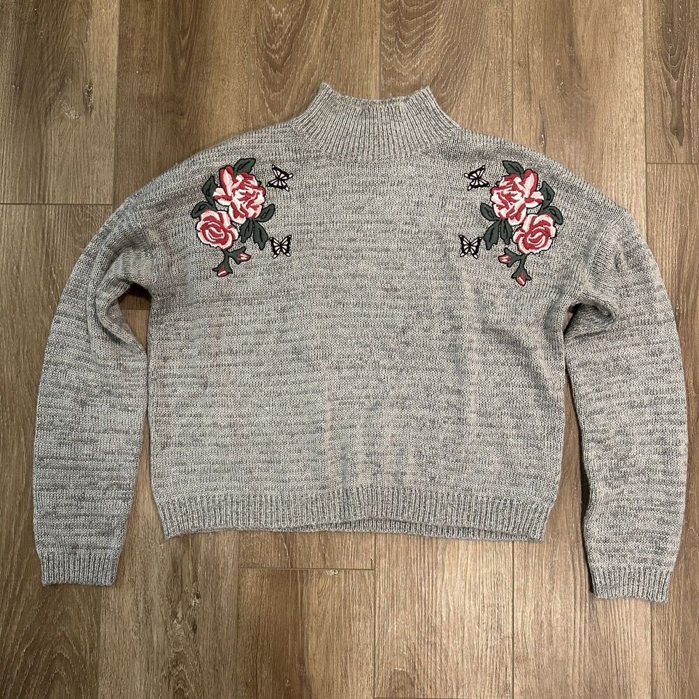 Embroidered Floral Butterfly Mock Neck Knit Sweater Gray Size XL